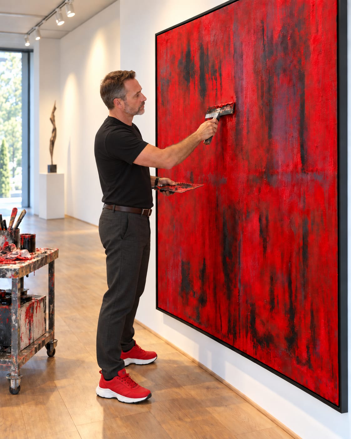 Dino Ziberi zieht mit der Rakel rote Farbe über ein großes Leinwandbild